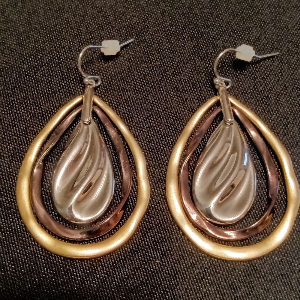 Hammered Tri Tone Teardrop Earrings